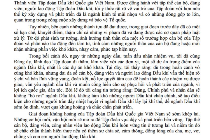 Thư của Chủ tịch HĐTV Tập đoàn gửi gia đình cán bộ, Đảng viên và người lao động ngành Dầu khí